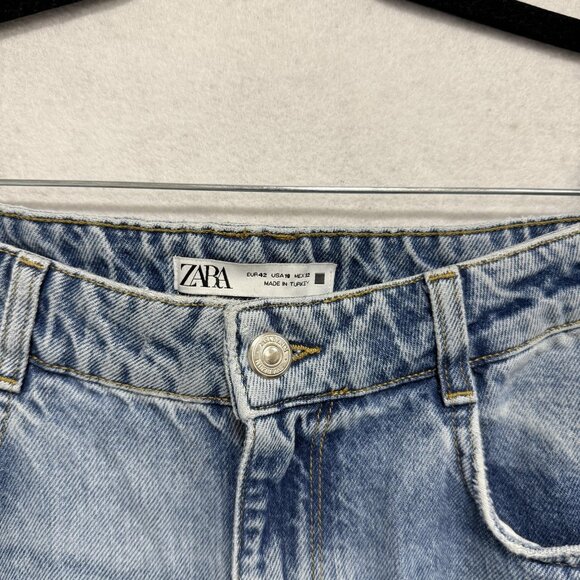 Zara Jeans Womens 10 Blue Distressed High Rise Straight Leg Ripped Denim Pants - Picture 2 of 8